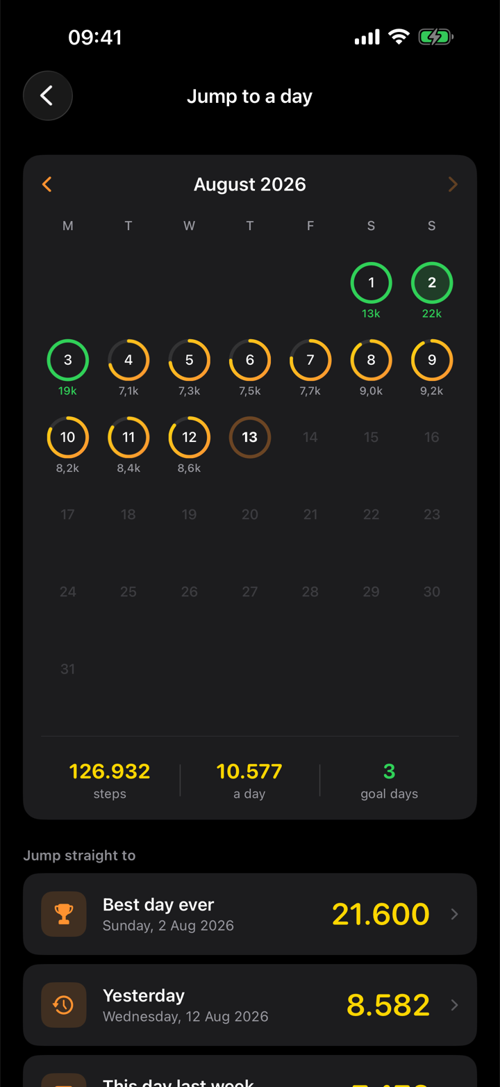A calendar of the month where every day is a ring filled to its share of the goal, green on the days it was met, with the month's totals underneath