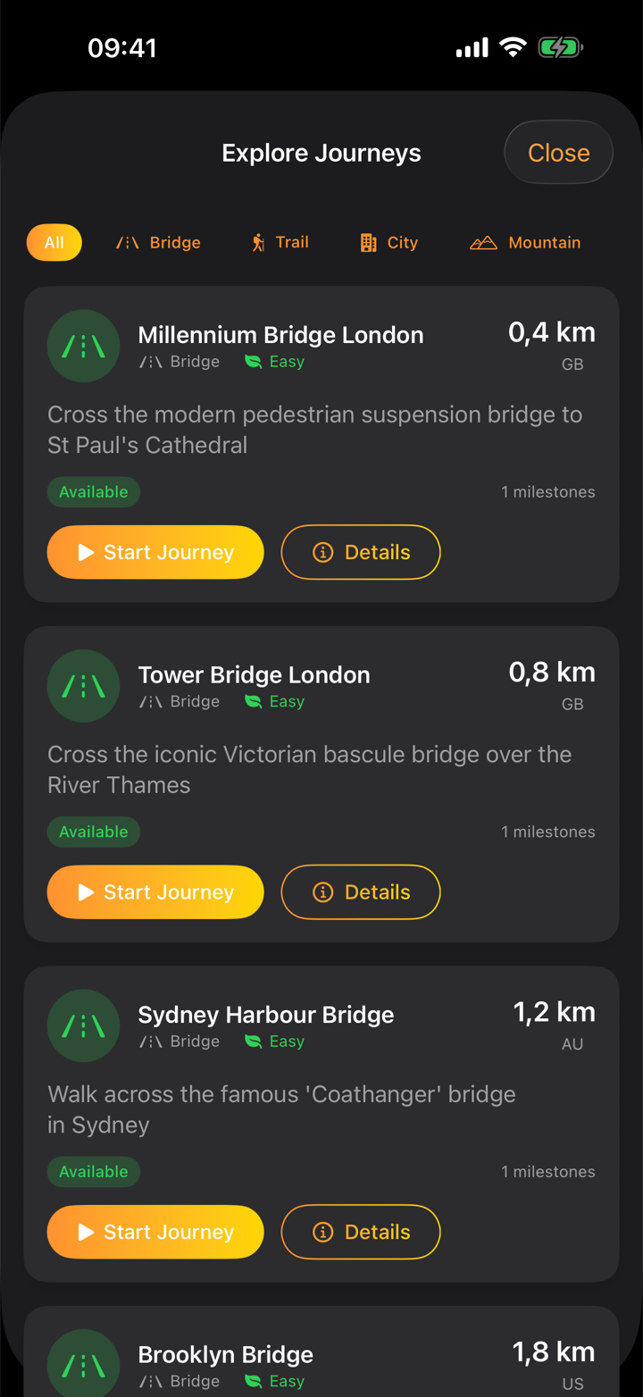 Journey catalogue listing real routes including Millennium Bridge, Tower Bridge and Sydney Harbour Bridge