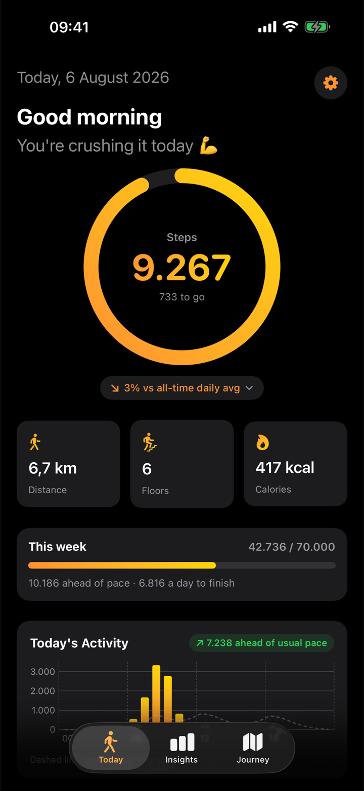 The Today screen: a step ring at 9,267 steps, distance, floors and calories, and this week's progress